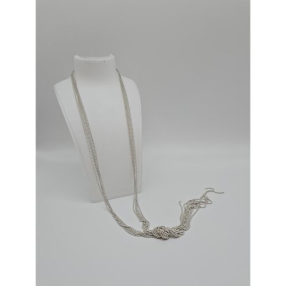 Vintage Petite White & Brass Metal Ball Knotted Tassel Multi Chain 26" Necklace - Picture 1 of 16